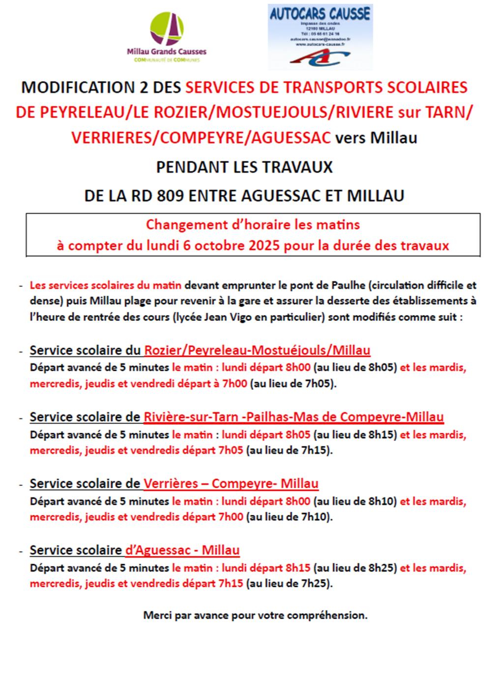 Lire la suite à propos de l’article Modification horaires transports scolaires, travaux RD 809 Aguessac Millau
