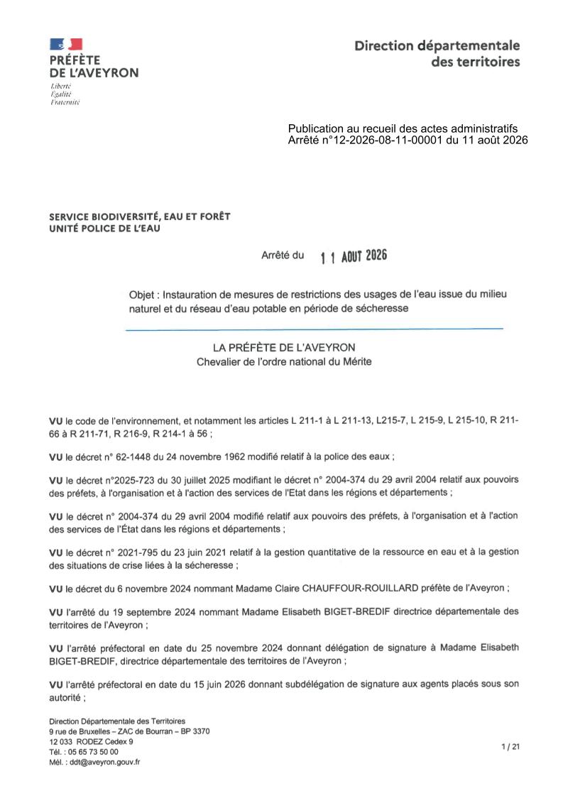 Arrété de Restriction d'eau en période de sécheresse