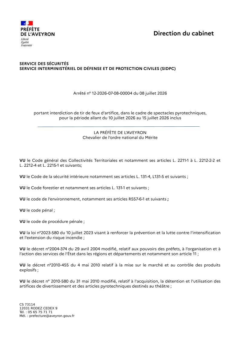 Arrêté préfectoral du 12 Aout 2026 interdiction spectacle pyro signature PREFETE